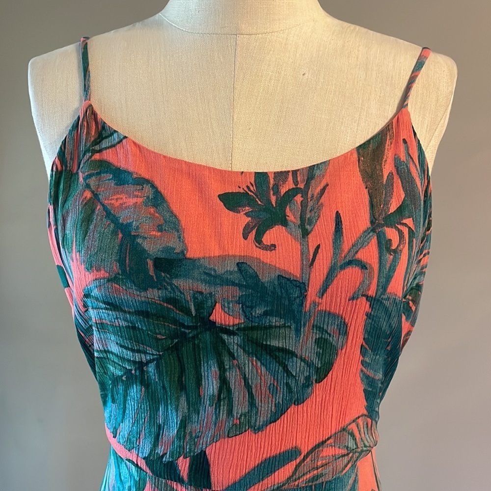 Cynthia Rowley tropical leaf gauze sundress attached wide tie belt relaxed fit 6 - Picture 2 of 13